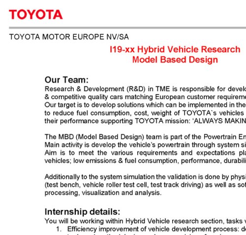 Toyota Motor Europe - Internship Program for 2019